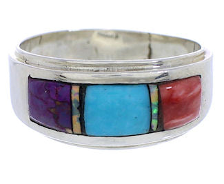 Sterling Silver And Multicolor Inlay Ring Size 6-3/4 EX50981